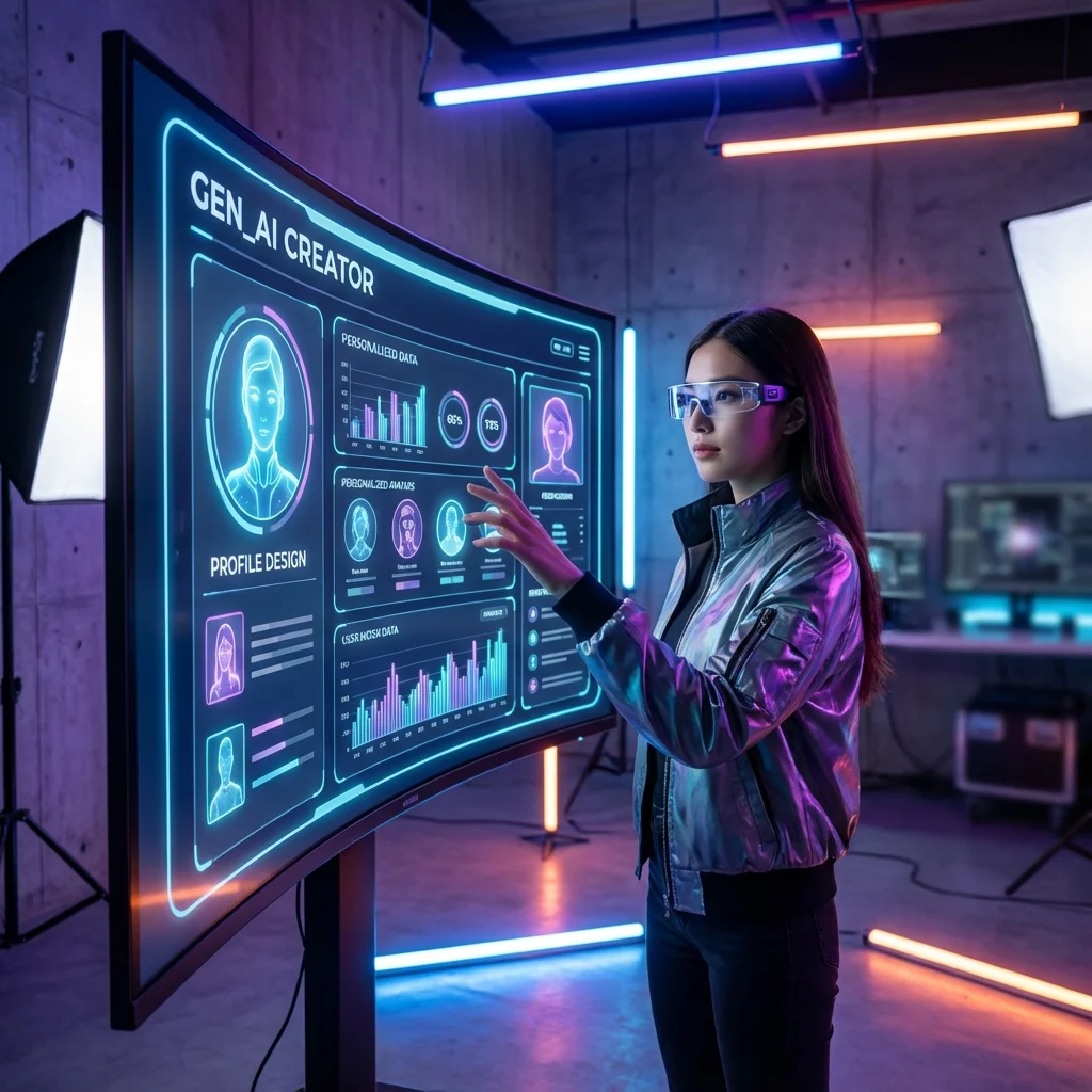An Instagram creator posing beside a giant phone screen showing an AI-driven profile design