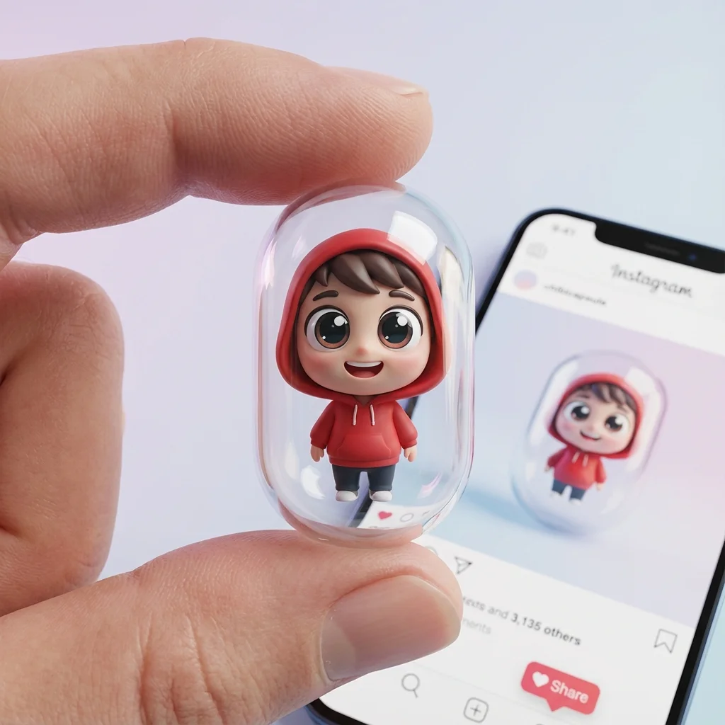 Close-up of a tiny chibi figure inside a glass capsule held between fingers, ready for social sharing