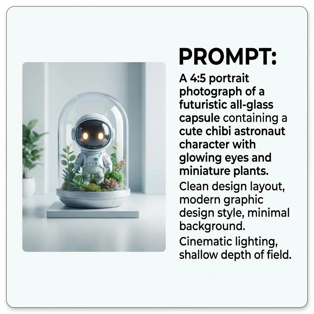 Prompt card example showing how to generate a 4:5 portrait image of the all-glass capsule