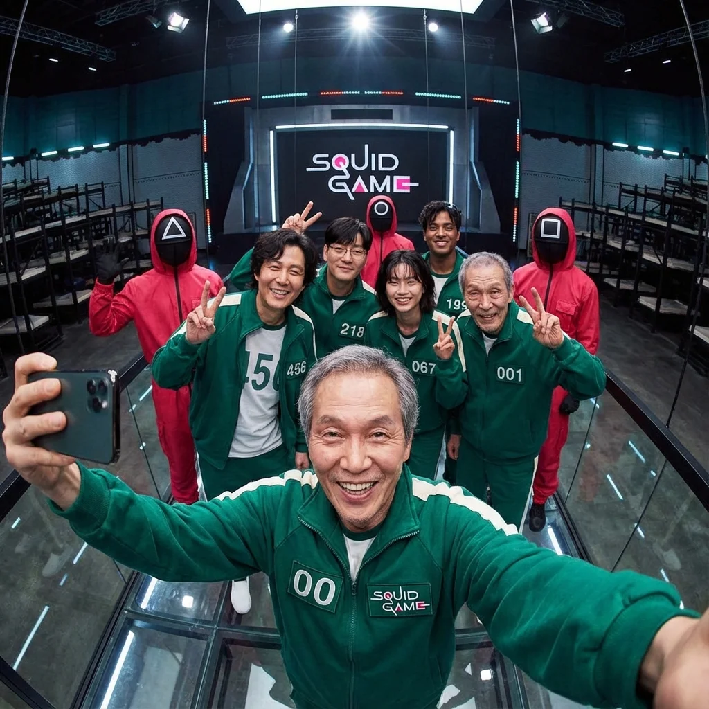 Ultra-realistic 8K vertical 9:16 fisheye group selfie with me (player 00, replace face using uploaded photo) in a green tracksuit, surrounded by Squid Game top 5 characters, Gi-hun (456), Sang-woo (218), Sae-byeok (067), Ali (199), Il-nam (001), plus 3 masked guards, all smiling on the Season 2 glass bridge arena. Faces and outfits must be ultra-detailed, crisp, and vivid. No pixellation, hyperreal clarity.