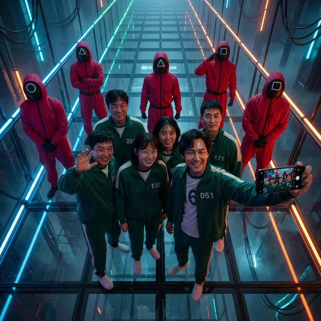 Lively group selfie on a sci-fi arena with masked guards, green tracksuits, and numbers on uniforms