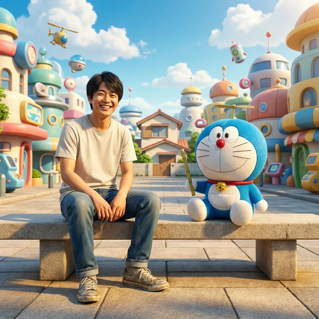 AI generated Doraemon city adventure scene with hyperrealistic portrait