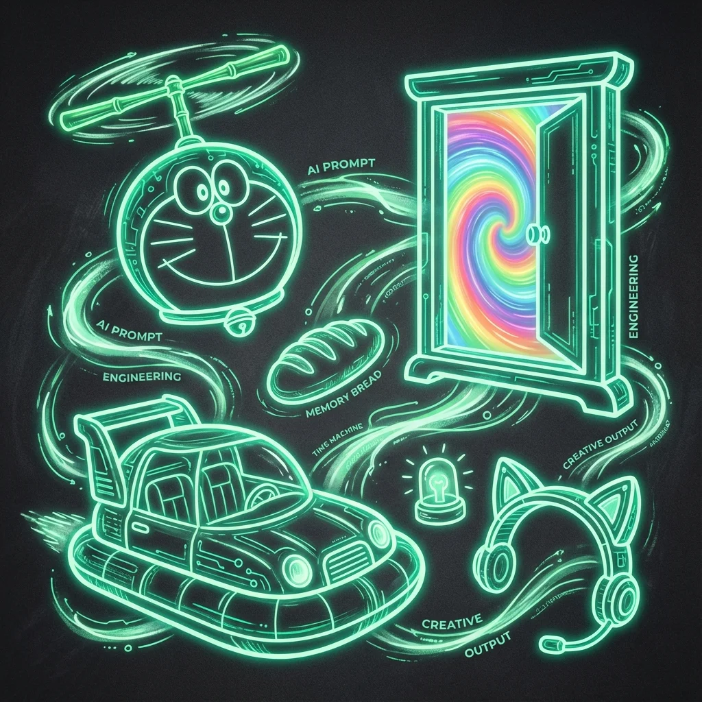 Doraemon gadgets display with bamboo copter, Anywhere Door, and time machine