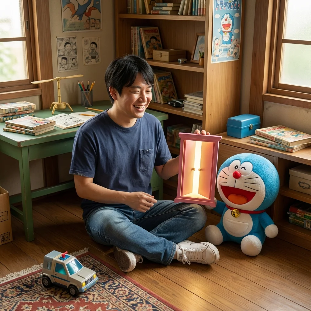 Hyperrealistic portrait inside Nobita's room with Doraemon and gadgets