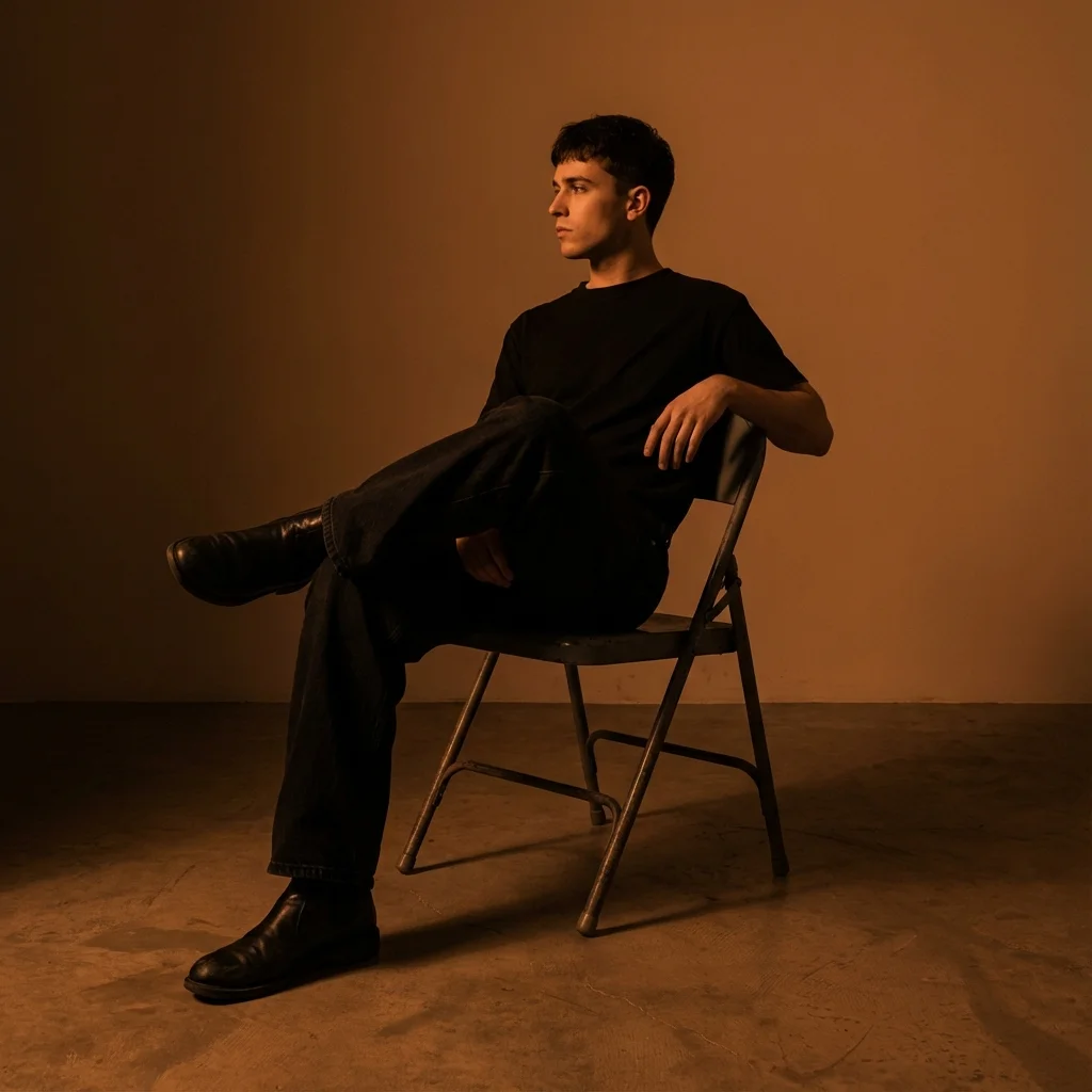A young man sitting casually on a metal chair in a dark orange studio with sharp shadows