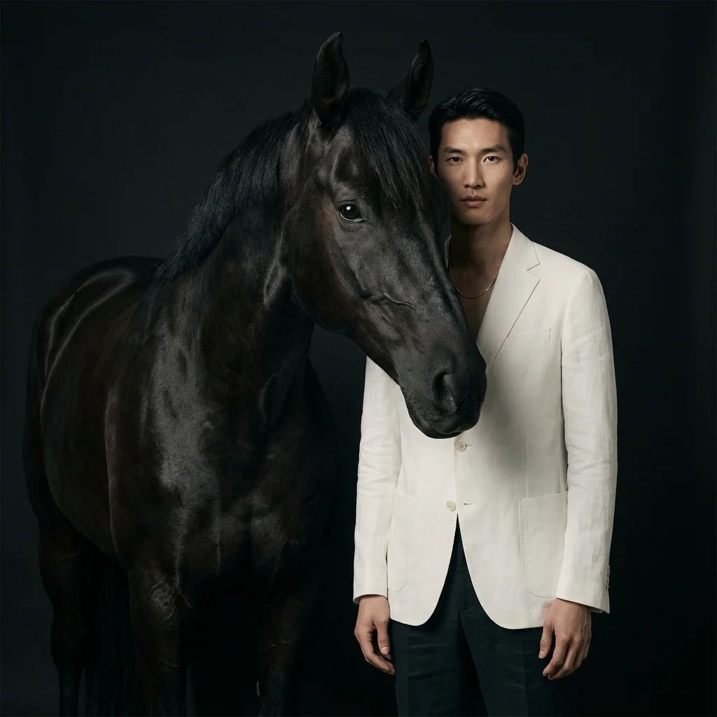Luxury editorial portrait of a man standing beside a black horse against a deep black background