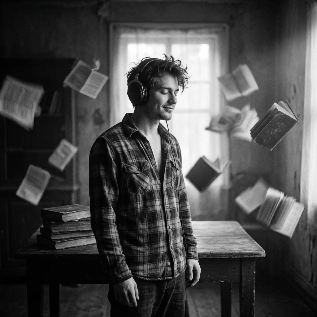 Surreal black and white portrait of a man with headphones and books floating around him