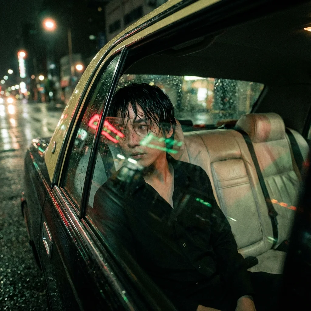 Wong Kar-wai style portrait inside an old taxi with red and green neon light reflecting on the face