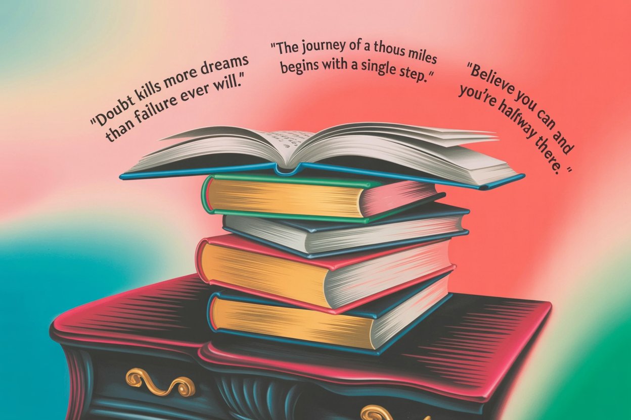 Stack of classic books with inspiring quotes floating above them