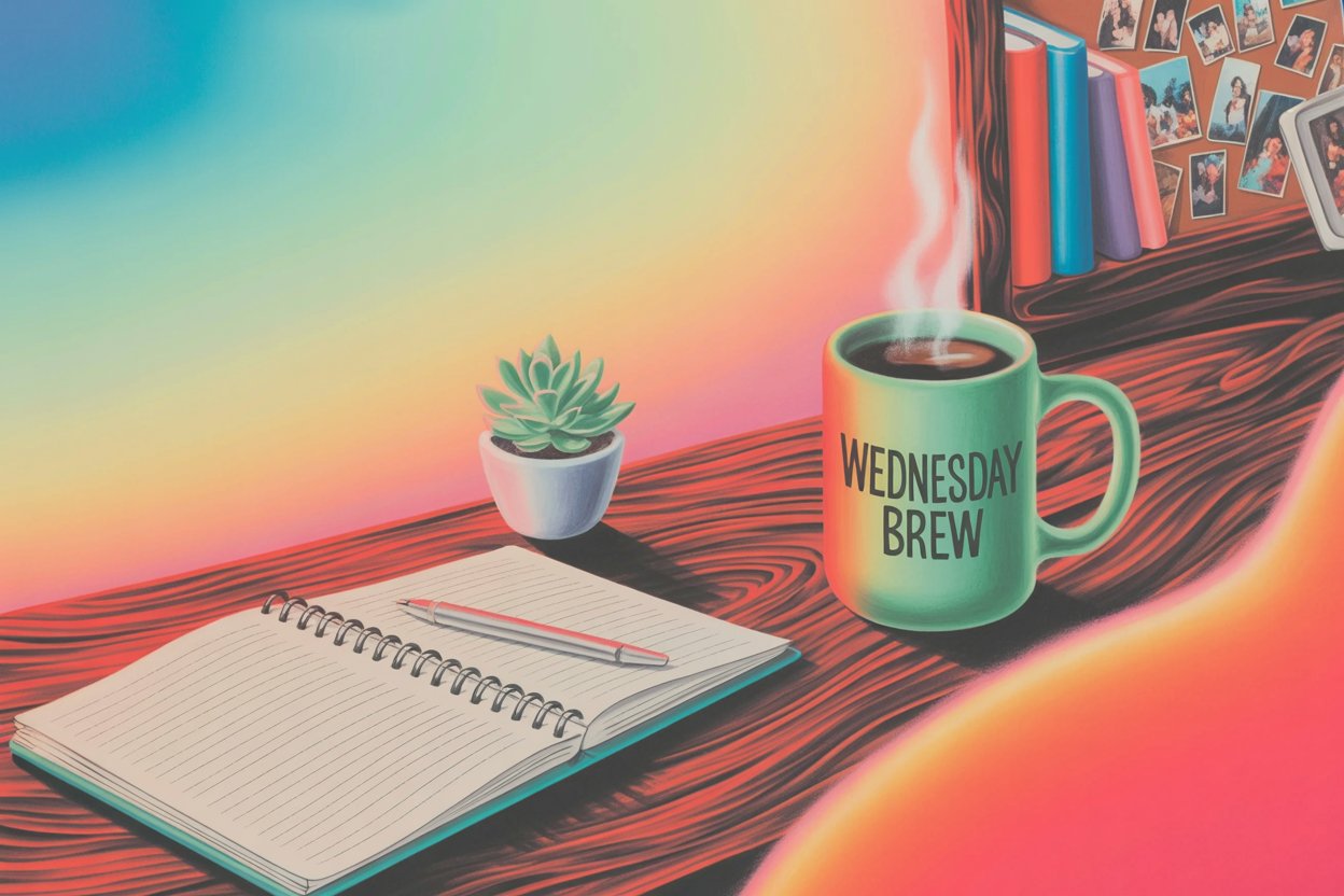 Inspirational Wednesday morning workspace with coffee and notebook