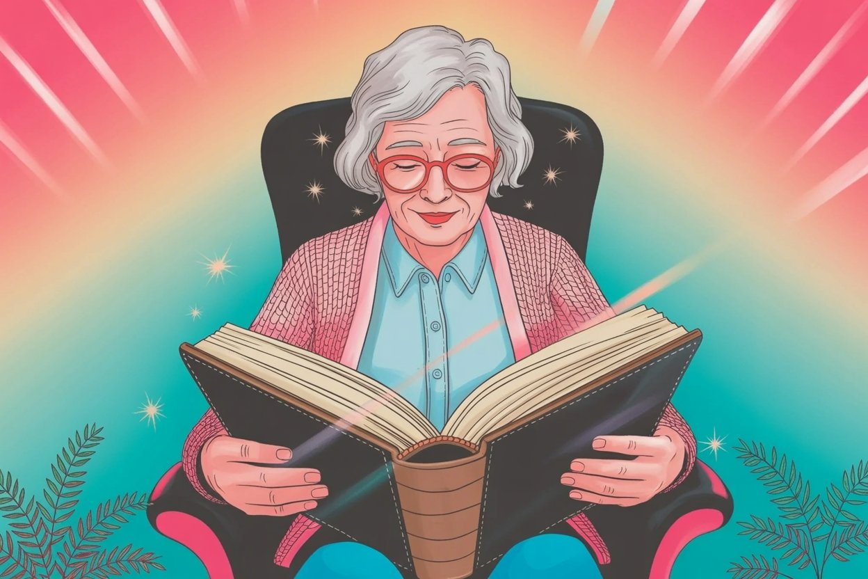 Elderly person reading book with warm sunlight