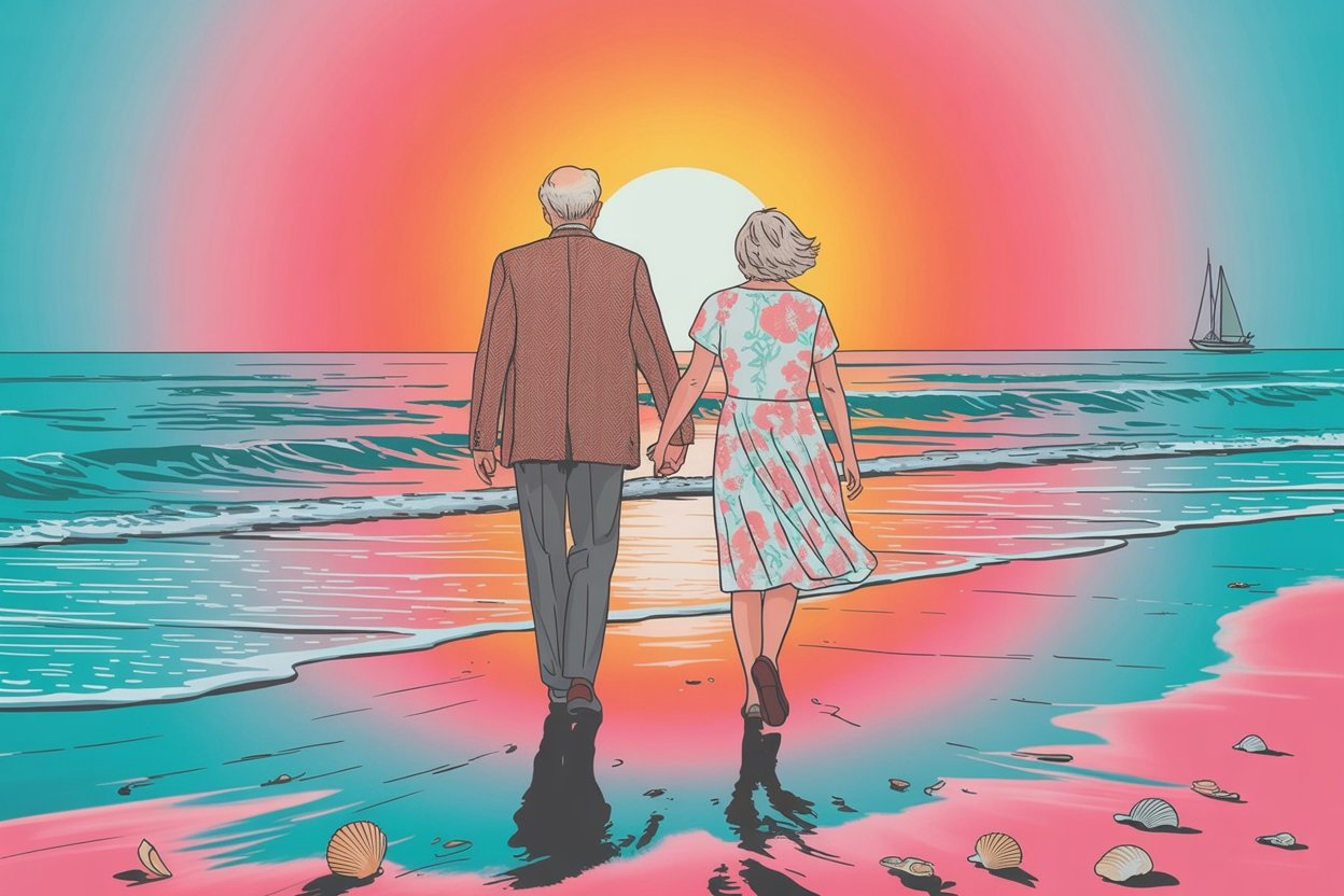 Peaceful sunset with silhouette of elderly couple walking
