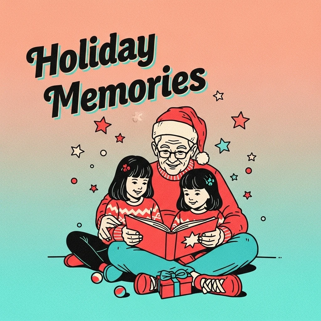 Grandparent reading aloud to grandchildren on Christmas, creating a visual representation of cherished memories, family bonds, and the essence of Christmas family quotes.
