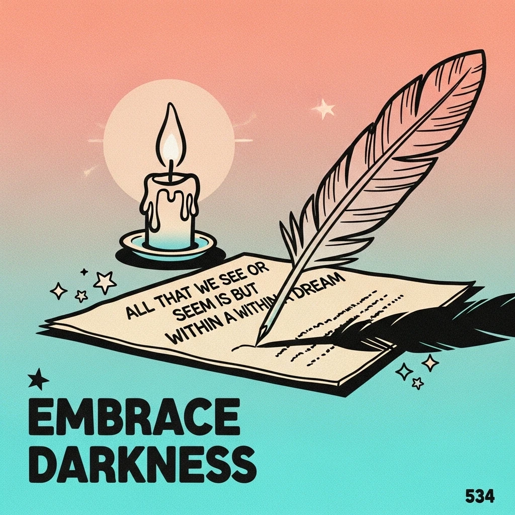 Image of a quill pen writing Edgar Allan Poe's famous quote about dreams, symbolizing the exploration of the subconscious and illusion.