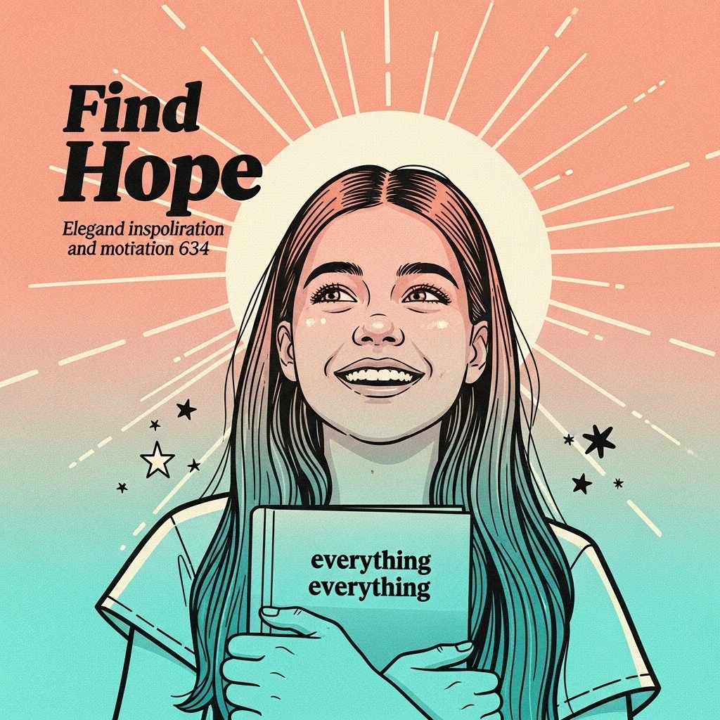 Image of a young woman holding 'Everything Everything' with a radiant smile, symbolizing the theme of hope and finding light even in difficult circumstances, page number visible.