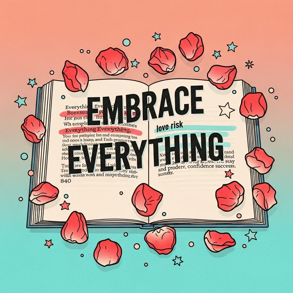 Close-up shot of an open book displaying highlighted passages from 'Everything Everything', illustrating the themes of love and daring, ideal for quote enthusiasts seeking inspiration and page number details.