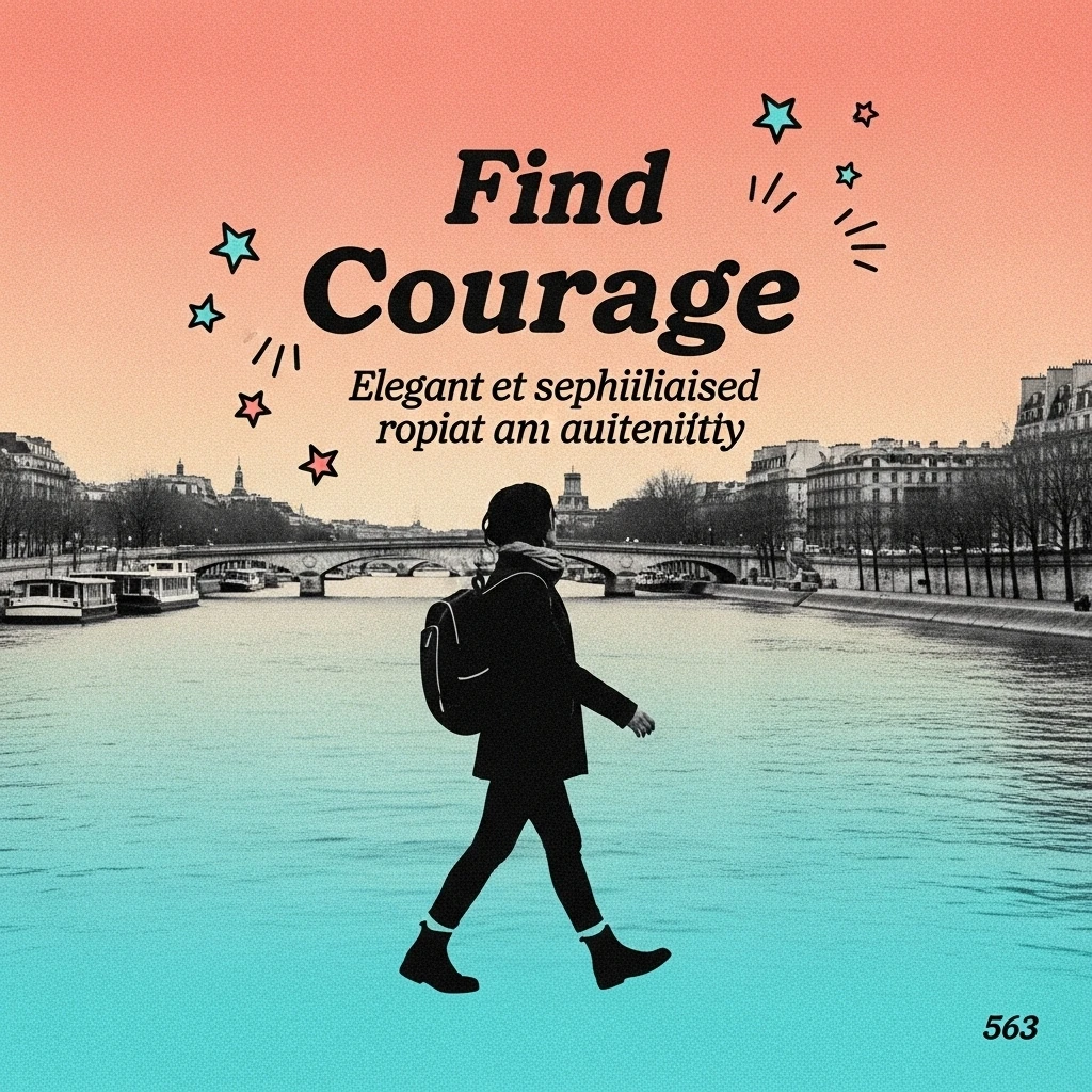 Black and white photo of a person walking by the Seine with a superimposed French quote, representing courage and perseverance in difficult times.