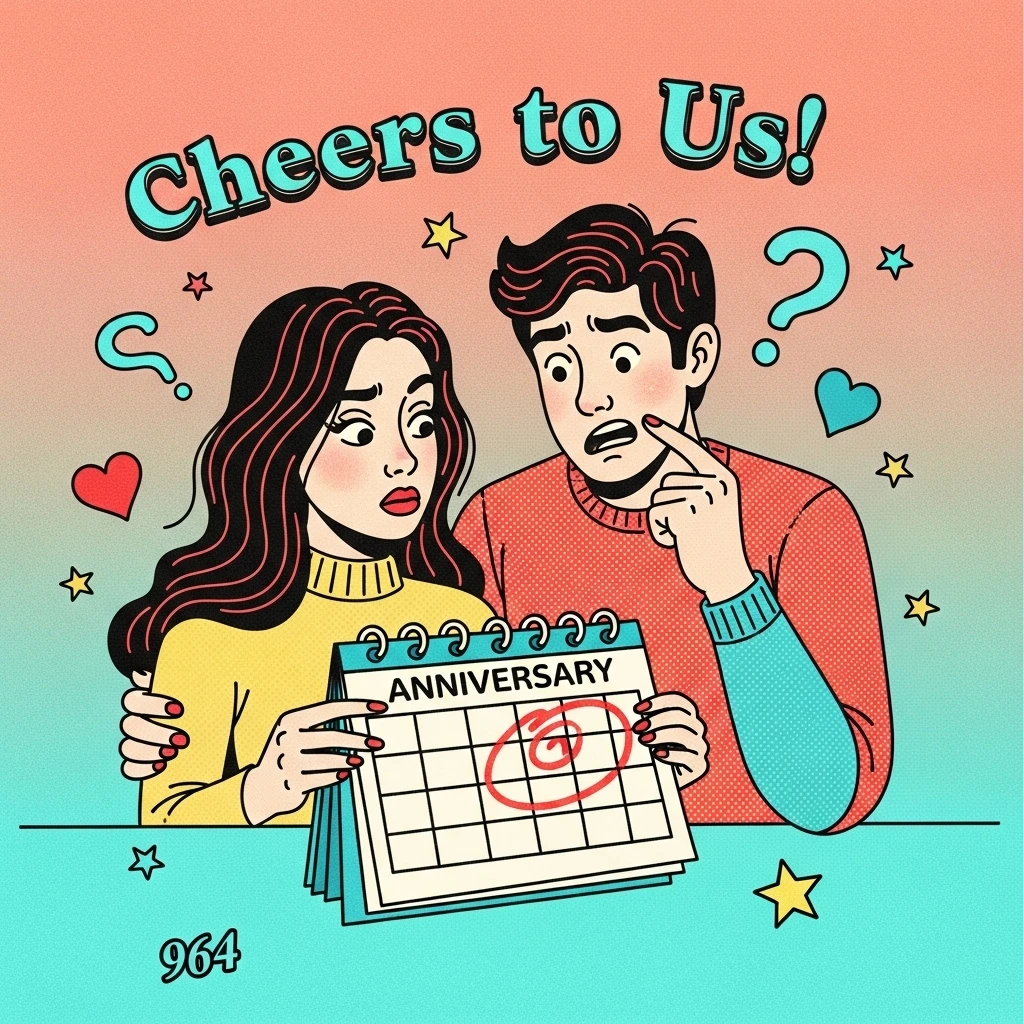 Image depicting a couple comically confused about their anniversary date, representing the humorous side of celebrating milestones in a relationship.