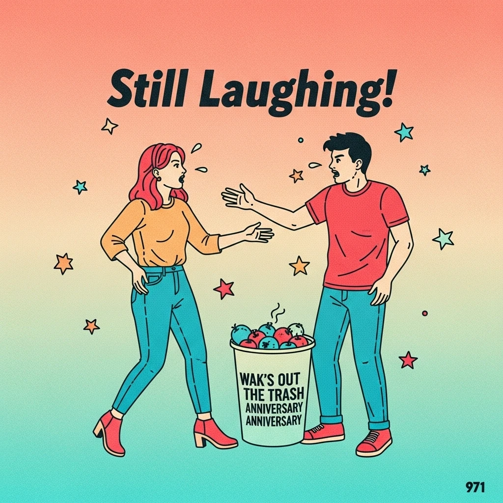 Image showcasing a couple humorously arguing about chores on their anniversary, symbolizing the funny everyday moments in a long-term relationship.
