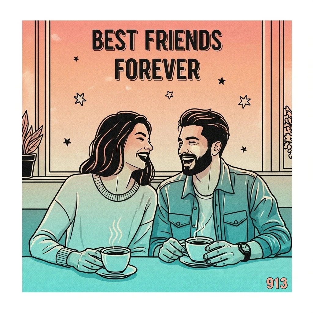 Image showcasing the joy of 'Best Friends Forever', depicting two friends laughing together in a cafe, capturing the essence of enduring friendship and happy times over coffee.