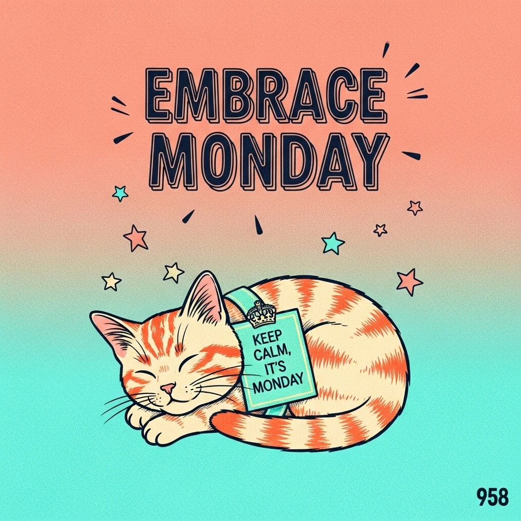 A sleepy cat adorably wearing a tiny motivational poster that reads 'Keep Calm, It's Monday,' representing a funny and relatable way to find inspiration even on the most challenging day of the week.