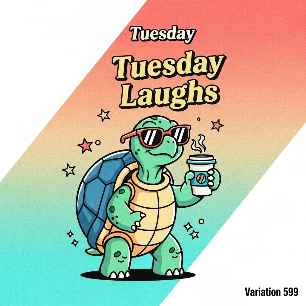A cartoon turtle with sunglasses holding coffee representing funny quotes on Tuesday for a lighthearted start to the day.