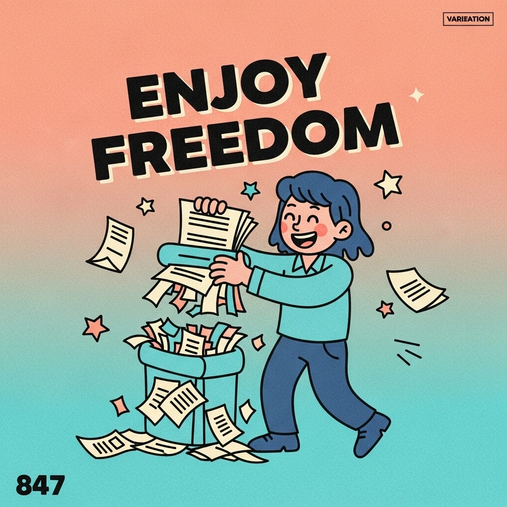 Image depicting the freedom and joy of retirement, symbolized by the act of shredding work documents, emphasizing a funny take on leaving the workforce.