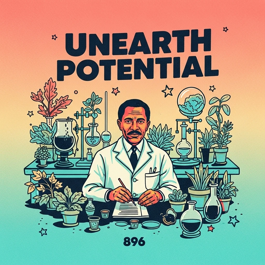 Image of George Washington Carver surrounded by his research in a laboratory, reflecting the depth of his knowledge and inspiration from his quotes.