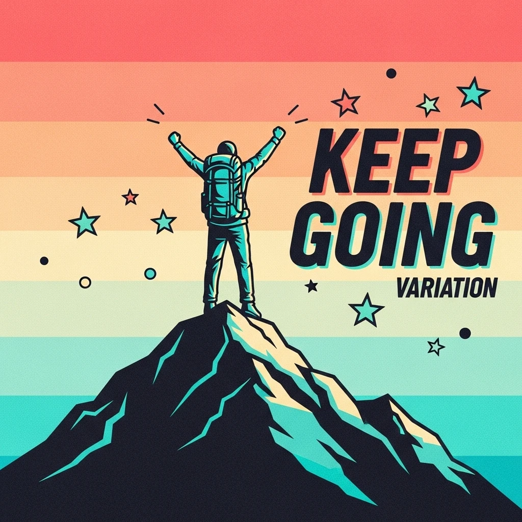 A lone hiker triumphantly standing on a mountain peak, arms outstretched against a vast landscape, embodying perseverance and the reward of reaching one's goals, underscored by a motivational hiking quote.