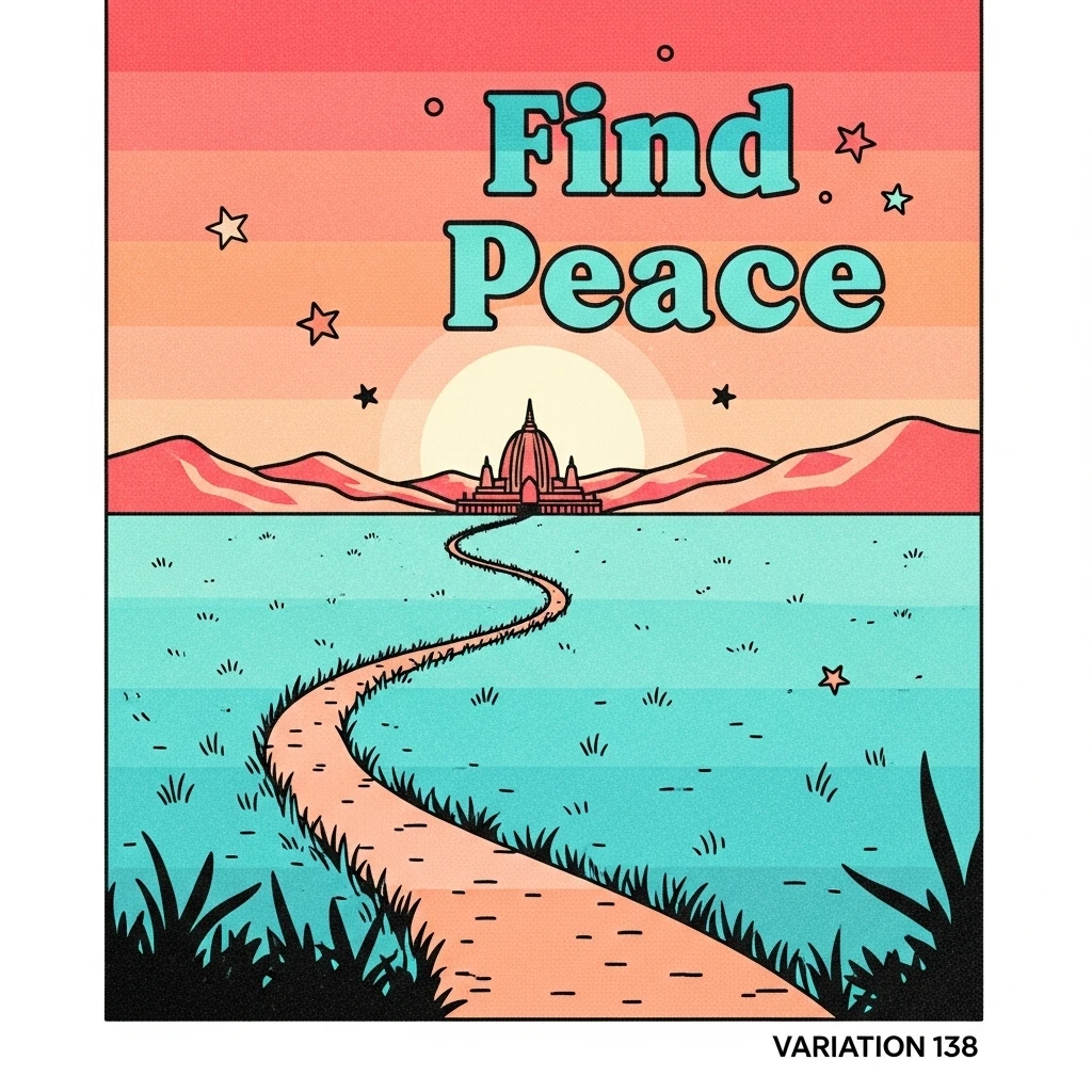 A path leading to a peaceful temple, symbolizing the search for inner peace and understanding through embracing humble values and self-reflection.