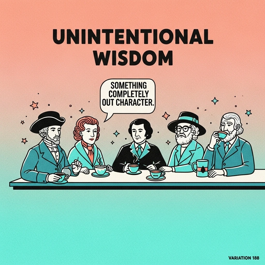 Image displaying historical figures drinking coffee, one is saying a modern phrase highlighting the humor of incorrect quotes.