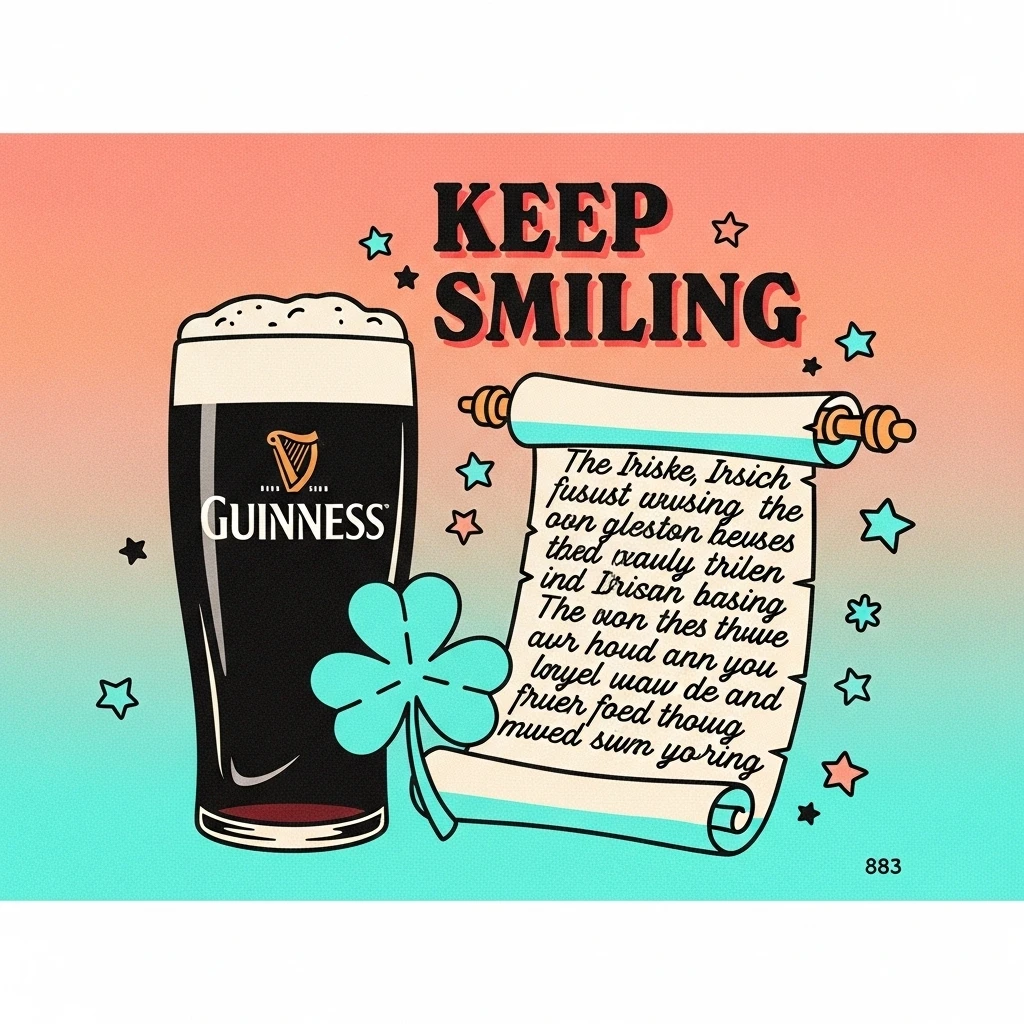 A comforting scene featuring a pint of Guinness and a shamrock, representing Irish culture and joy, paired with a heartwarming Irish quote about the importance of smiling and maintaining a positive outlook.