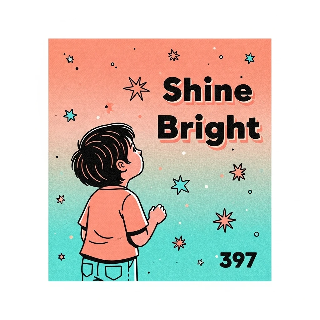 A child standing on a small hill looking up at a brightly shining star, representing the idea of shining brightly and achieving goals with positive thinking and perseverance. Image promotes positive thinking for children.