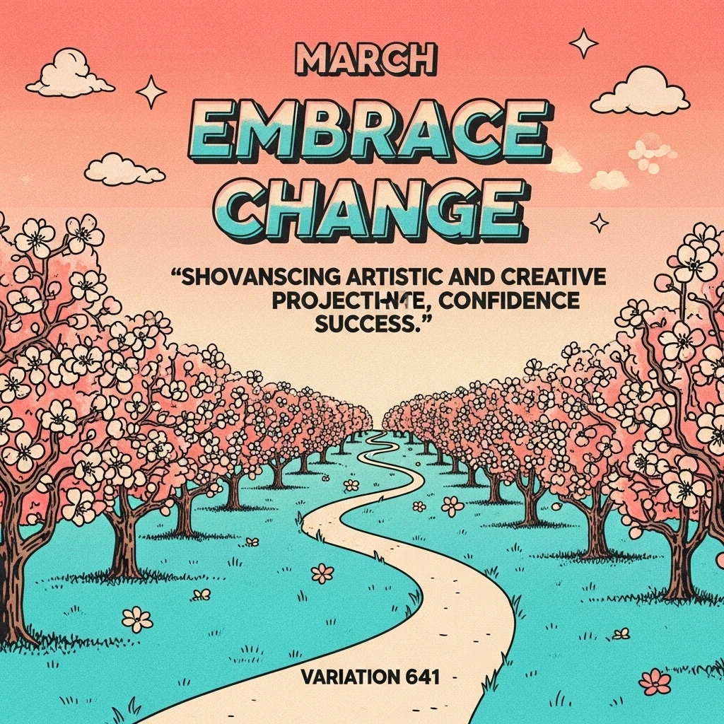 A scenic path through a blooming orchard representing the theme of change and new opportunities that the month of March brings, inspiring positive forward movement.