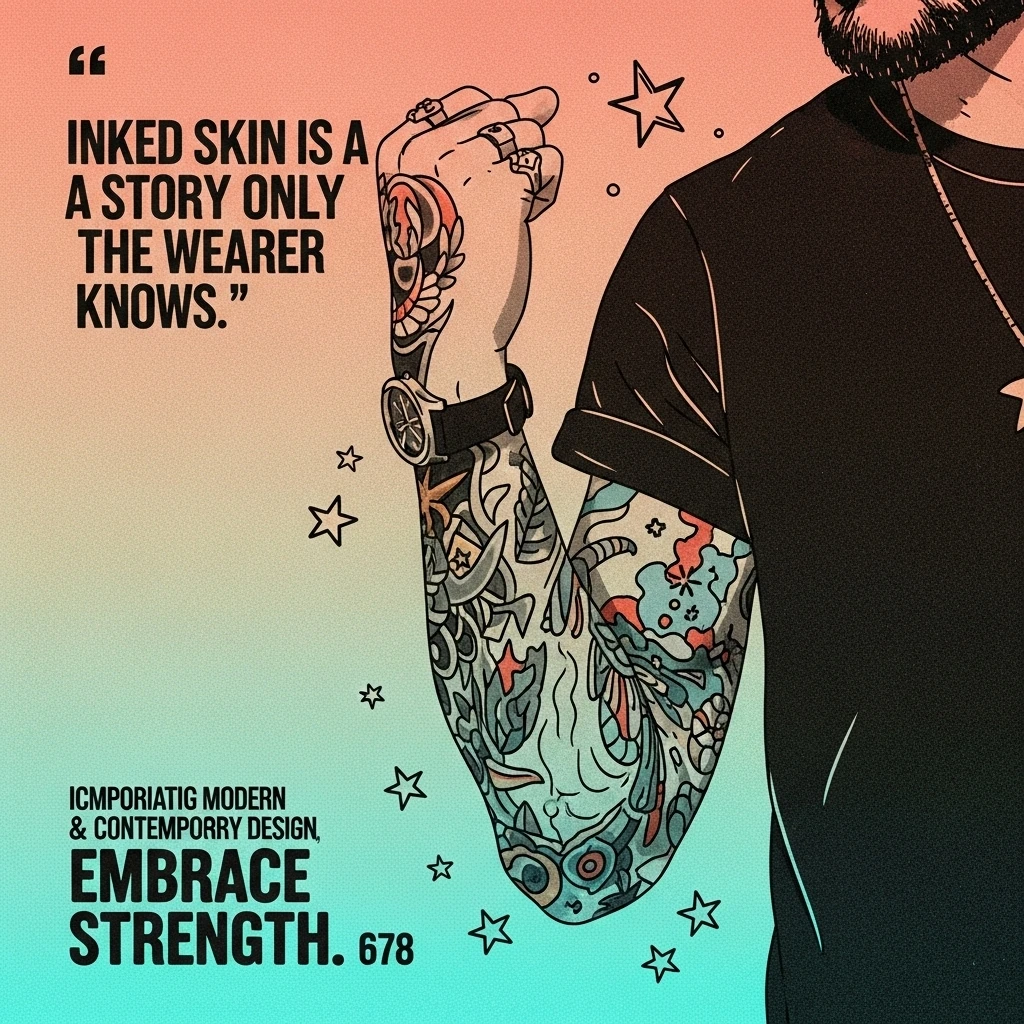 Close-up of a man's tattooed arm emphasizing the story and art embedded within, representing the personal narratives found in quotes about tattooed men.