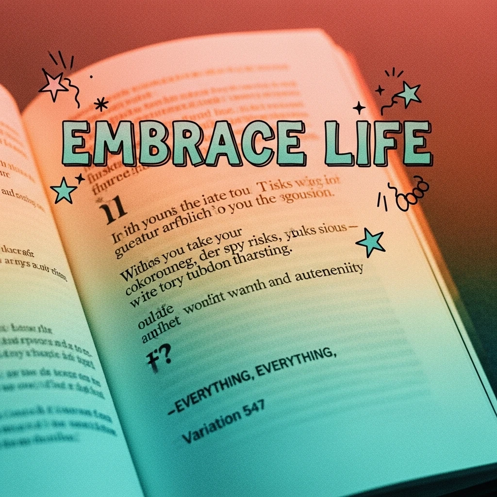 Image of an open book displaying a quote from 'Everything, Everything' alongside the relevant page number, emphasizing themes of courage and new experiences.