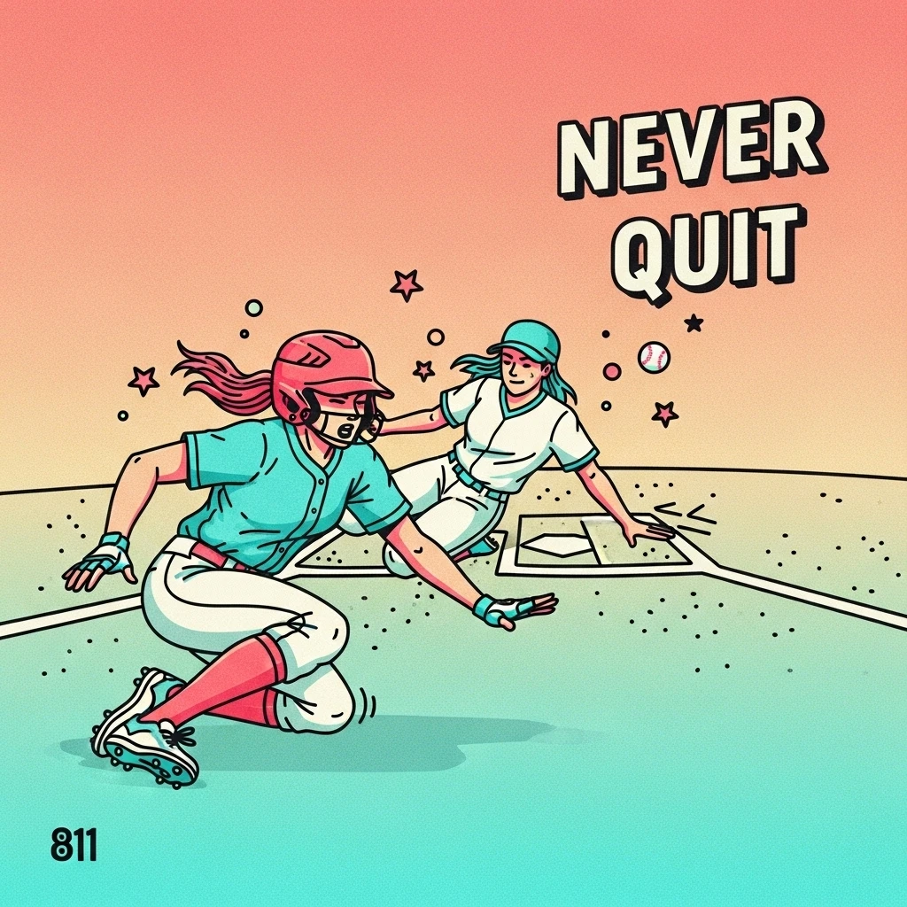 Image of a softball player sliding into home plate, representing the determination and grit needed, paired with inspirational softball quotes about perseverance.
