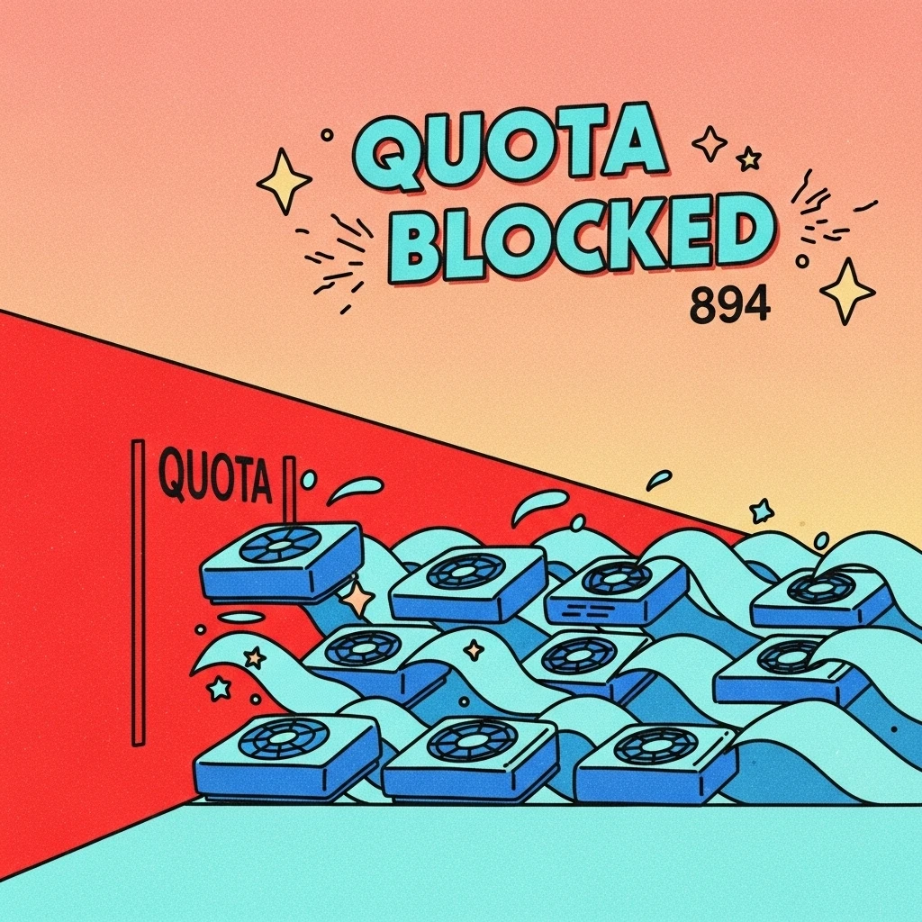 Illustration of a red brick wall preventing a flow of blue GPUs, symbolizing the the gpus-all-regions-per-project quota maximum has been exceeded error blocking further resource allocation.