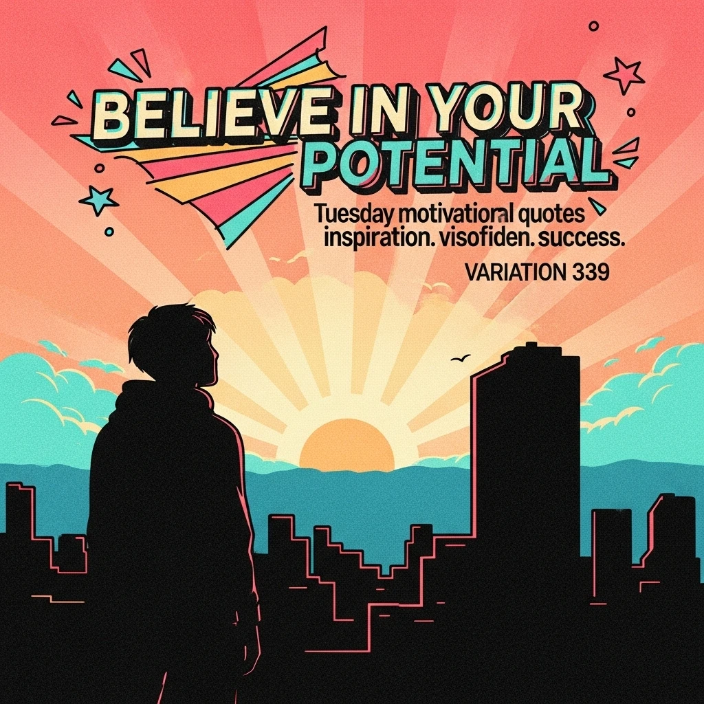 Inspirational image of a person silhouetted against a sunrise over a city, symbolizing the start of a productive Tuesday and the hope that comes with a new day. Reflecting the positive themes of Tuesday motivational quotes.