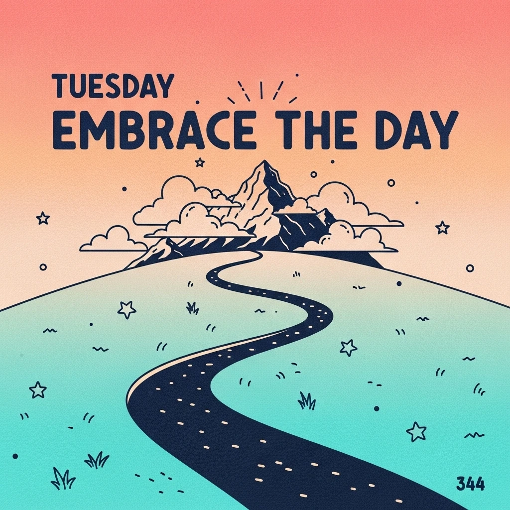 A winding mountain path leading to a cloudy peak, representing the challenges and rewards of striving towards goals, aligned with the spirit of overcoming obstacles on a Tuesday with motivational quotes.