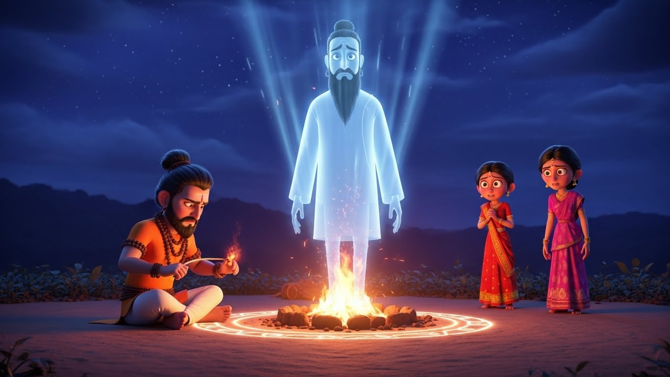 நள்ளிரவு சடங்கில், நிலத்தில் இருந்து எழும் கோபால் சிங் ஆவி.