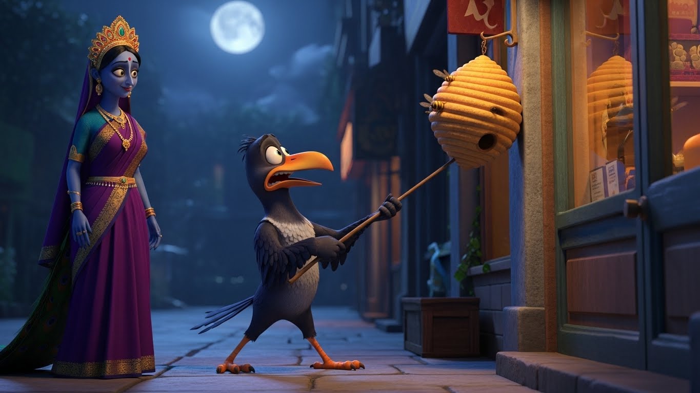 இரவு நேரம். தேன்கூட்டைக் கட்டும் போது காலு காகம் மகாராணி மோர்னியால் கையும் களவுமாகப் பிடிக்கப்படுகிறது. காலு பயத்தில் நடுங்குகிறது.