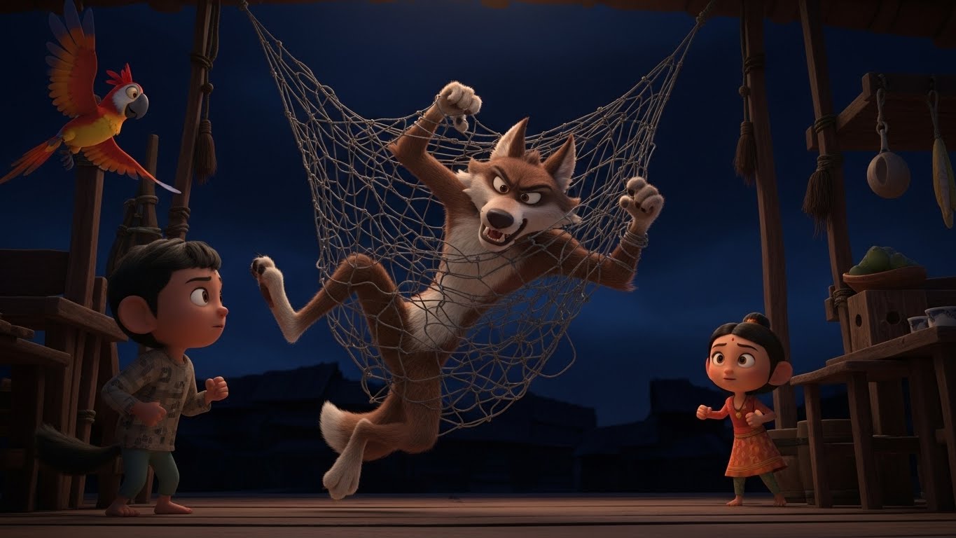 நள்ளிரவில், புத்திசாலித்தனமான ஓநாய் சிக்கியின் கடையில் திருட முயற்சிக்கும் போது, அவர்கள் அமைத்த வலையில் சிக்கிக் கொள்கிறது. சிக்கியும் காலுவும் வெற்றியுடன் பார்க்கிறார்கள்.