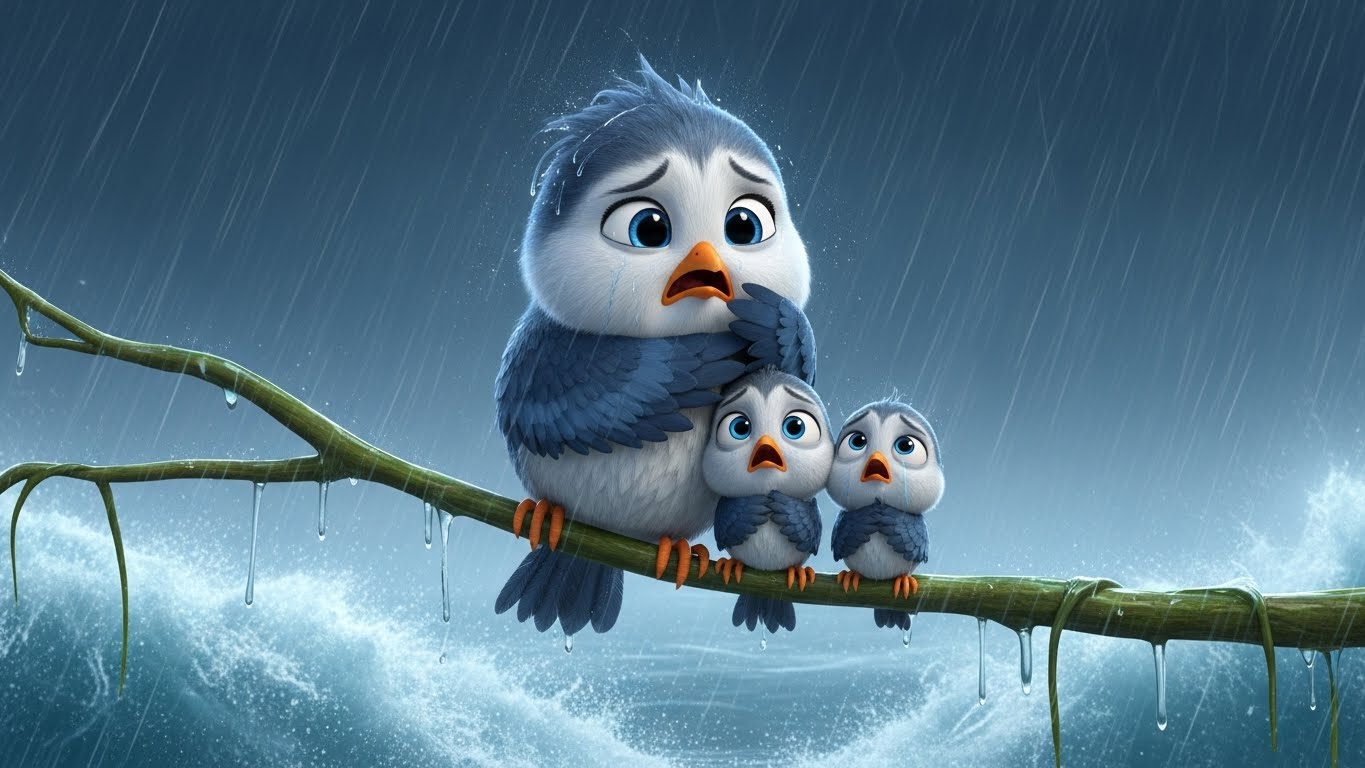 பெருவெள்ளத்தில் கூட்டை இழந்து, தற்காலிக கிளையில் ஒடுங்கும் சித்தி.