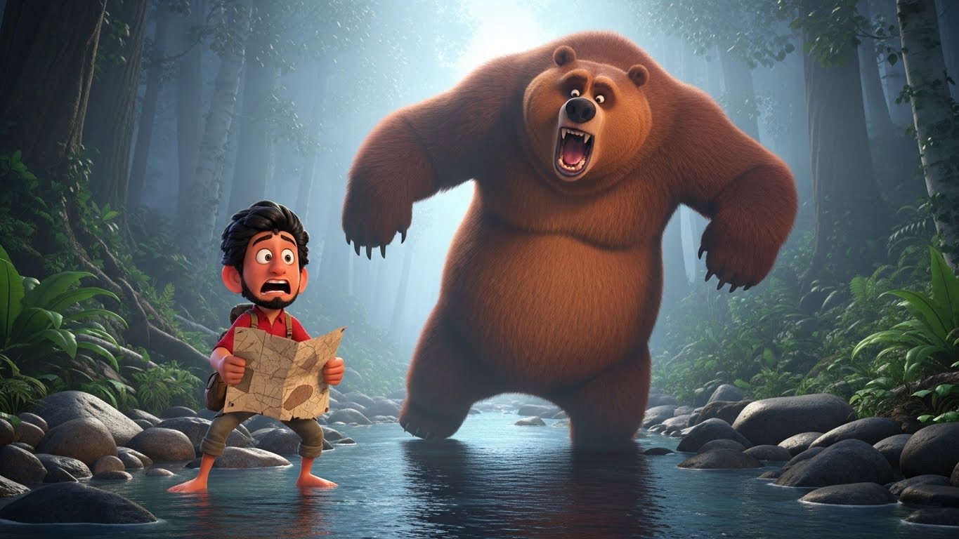 காட்டில் கரடியை எதிர்த்து நிற்கும் ரகு.