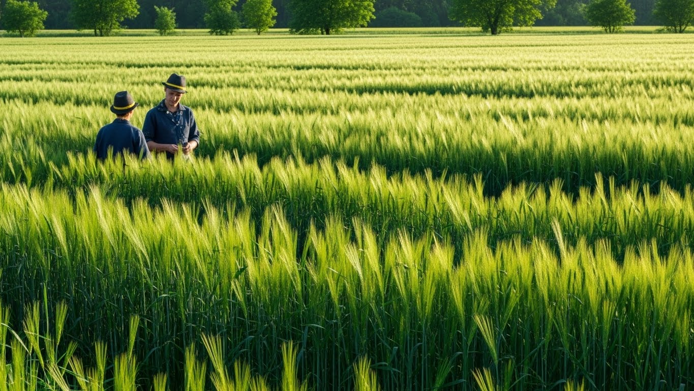 உழைப்பின் பலனாக பசுமையான வயலில் ரகுவும் கௌரியும்.