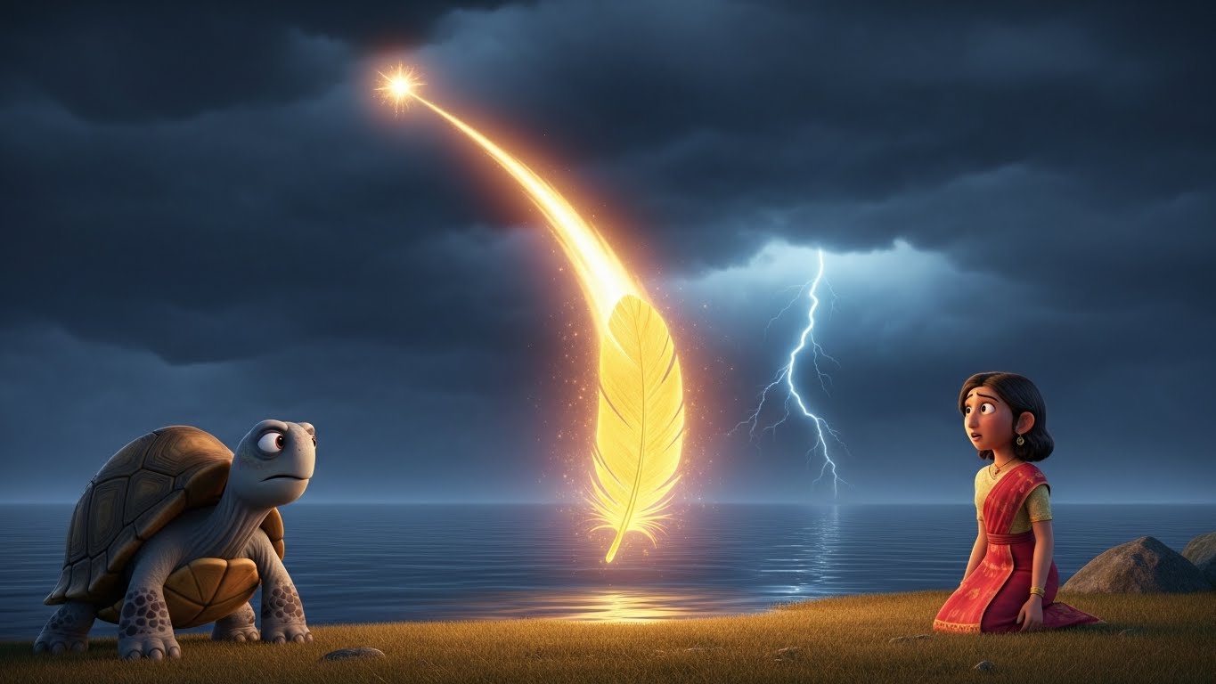 புயல் கூடும் சூழ்நிலையில், வானத்திலிருந்து ஒரு தெய்வீகமான தங்க இறகு கீழே விழுந்து, கஜரியின் கைகளில் வழிகாட்டியாக ஒளிர்கிறது.