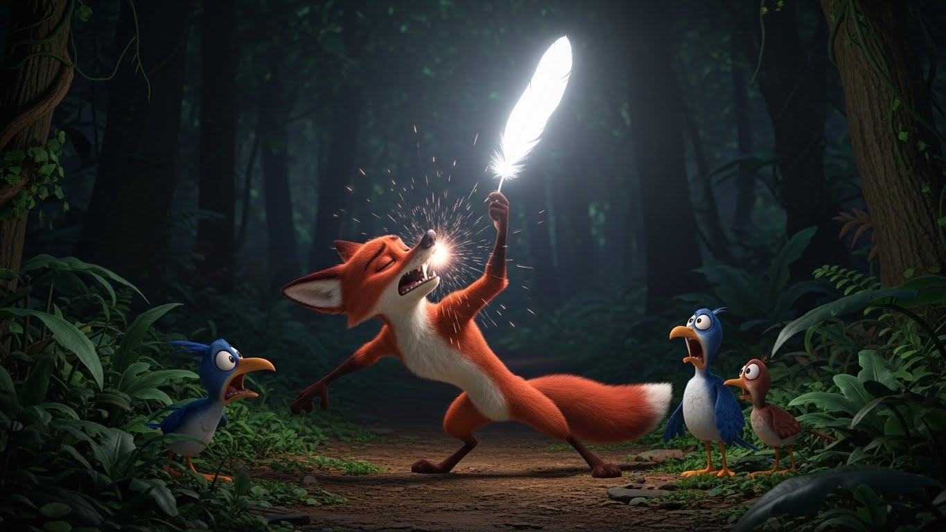 பசி கொண்ட நரி இருட்டில் பாய்கிறது. கஜரி இறகை உயர்த்தி பிரகாசமான ஒளியை வெளியிடுகிறாள், அதனால் நரி விரட்டப்படுகிறது.