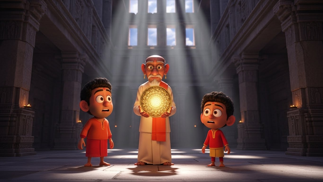 கோயில் அறிஞரிடம் அதிசயப் பொருளைச் சமர்ப்பித்தல்.