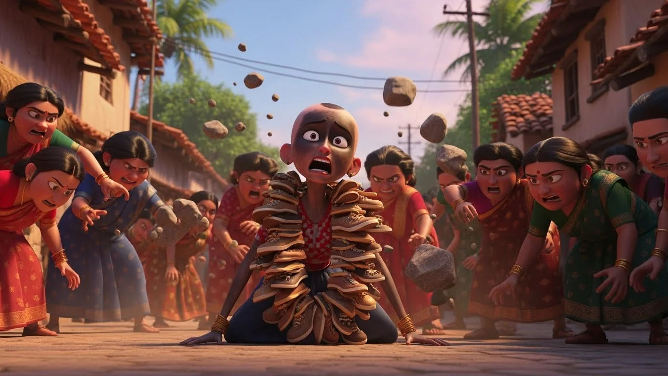 கிராமப் பெண்களின் கோபத்தால், மொட்டைத் தலையுடன் கூடிய ஏழைக் குஞ்சா அவமானப்படுத்தப்பட்டு, சாபமிடுகிறாள்.